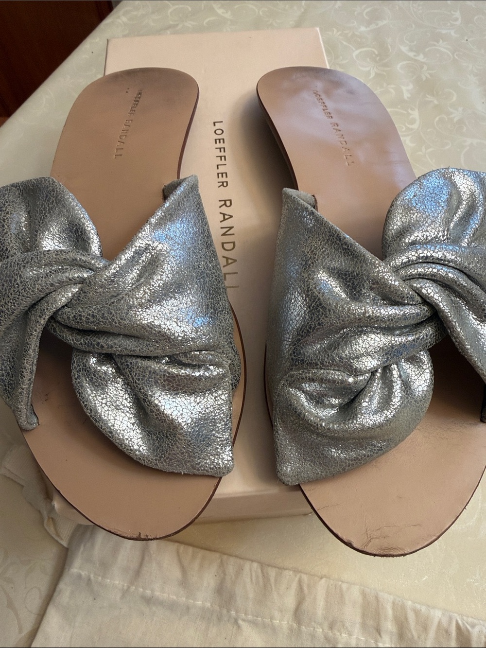 Loeffler Randall Metallic Silver Knot Slide Sandals
